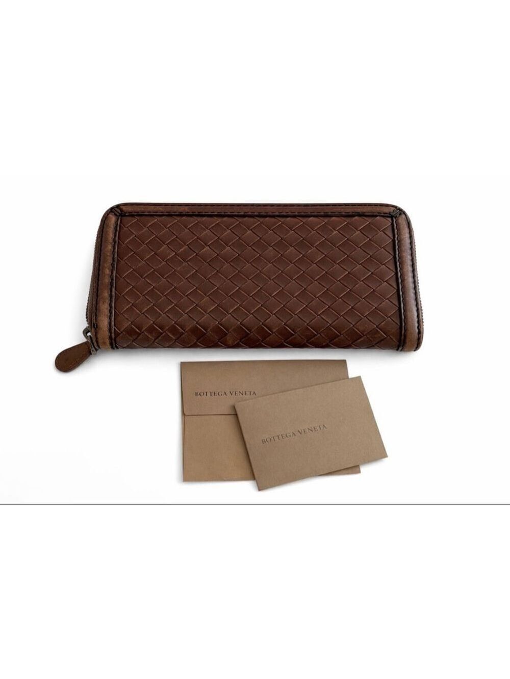 Women's Bottega Veneta Brown Intrecciato Leather Zip-Around Wallet One Size
